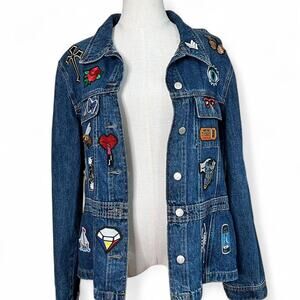 rare 1 of 1 blue jean upcycled denim jacket with cool punny unique patches